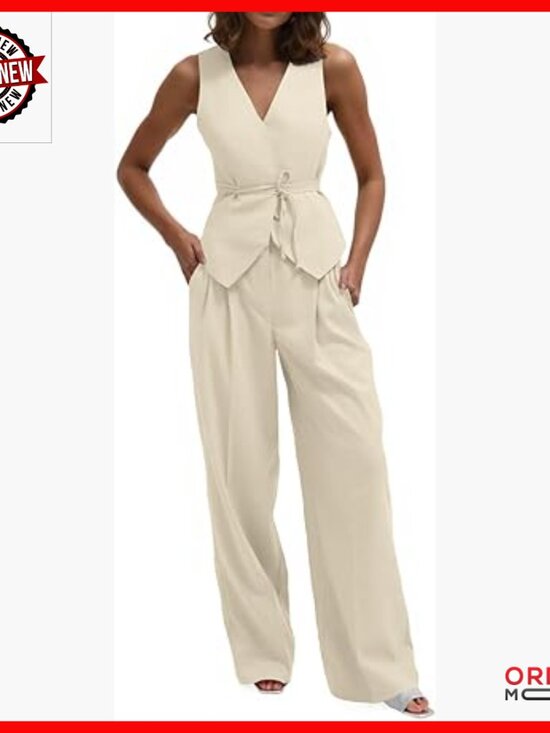 Pants - V-Neck Tie-Waist Blazer Vest & Wide Leg Pants Business Casual Set